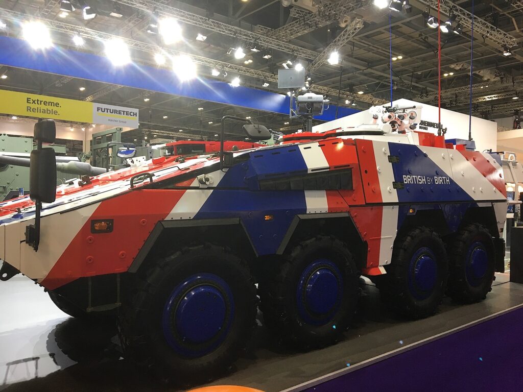 A tank on display at the DSEI international arms fair in London, 12 September 2017. (Photo: Matt Kennard)