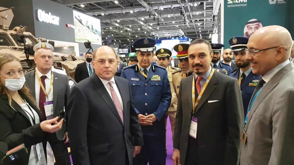 UK defence secretary Ben Wallace and Saudi ambassador to the UK Khalid bin Bandar at the DSEI arms fair in London, 15 September 2021. (Photo: Phil Miller / Declassified UK)