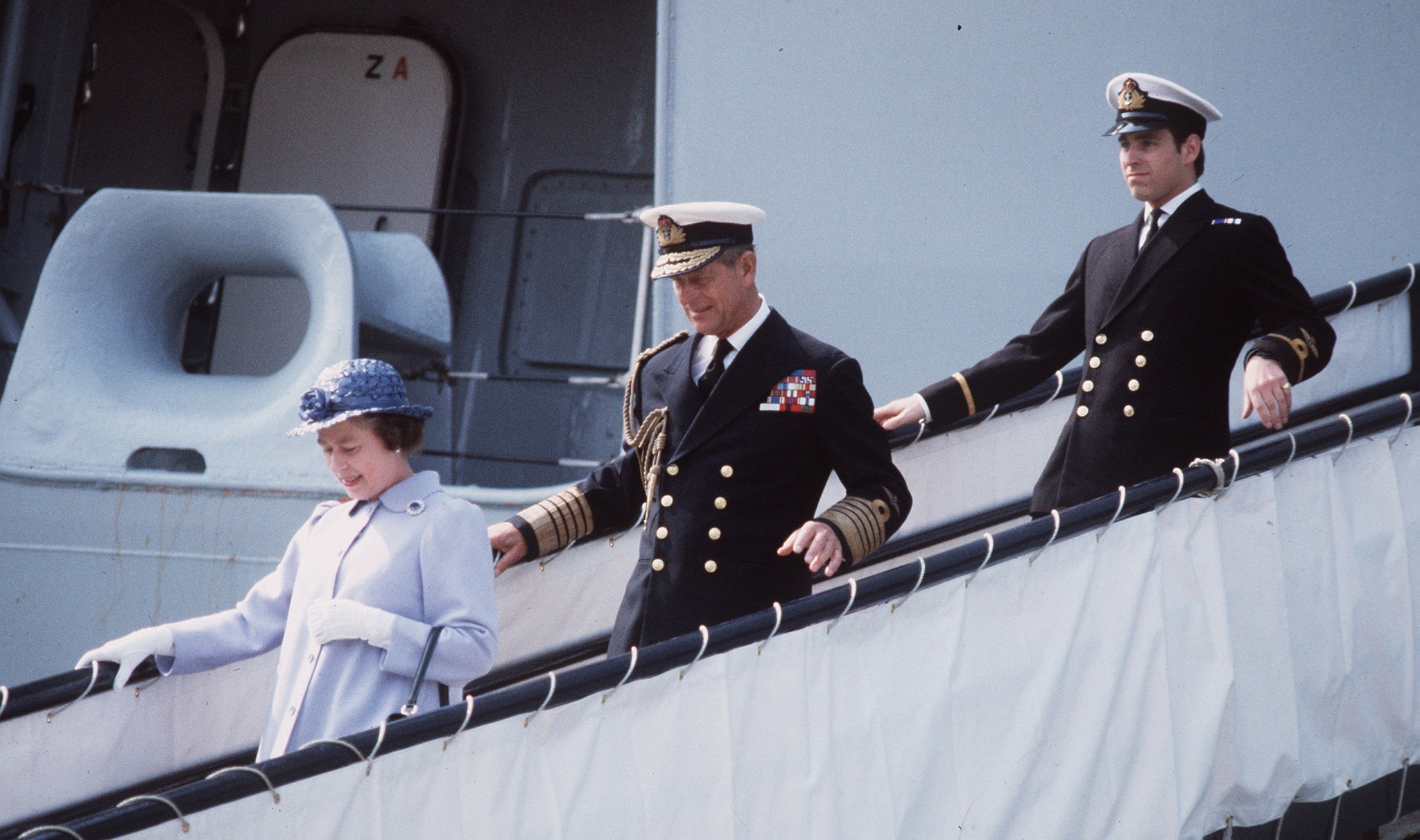 Prince Andrew disembarks HMS Invincible with his parents after serving in the Falklands War. Nuclear weapons were stored onboard. (Photo: Anwar Hussein / Getty)