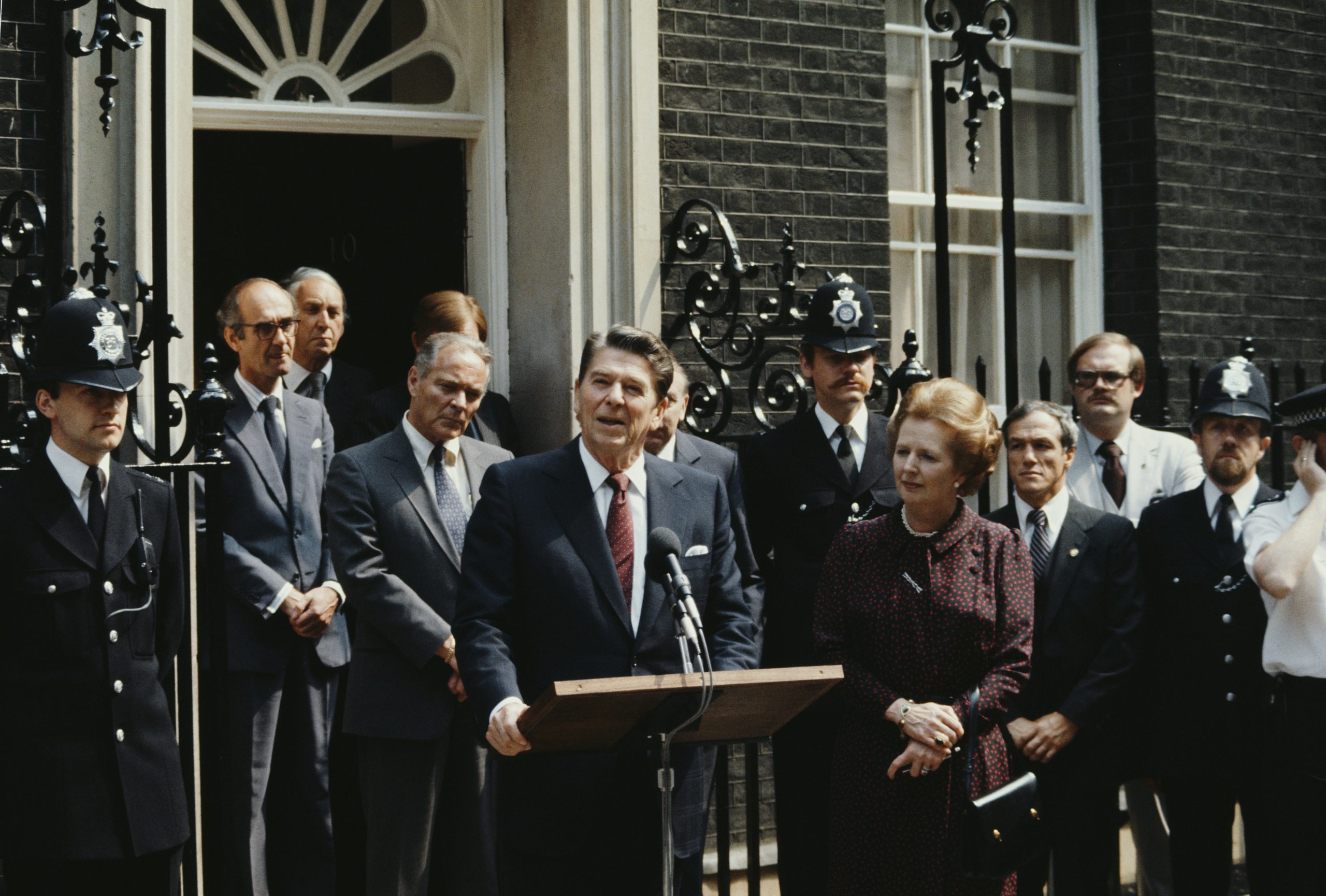 US President Ronald Reagan makes a speech outside 10 Downing Street, 9 June 1982. During this visit, Reagan outlined his vision for the National Endowment for Democracy