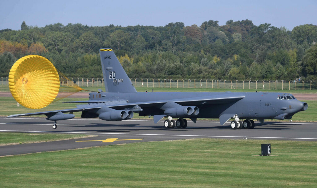 A B-52 Stratofortress arrives at RAF Fairford in 2018. (Photo: USAF / Ted Daigle)