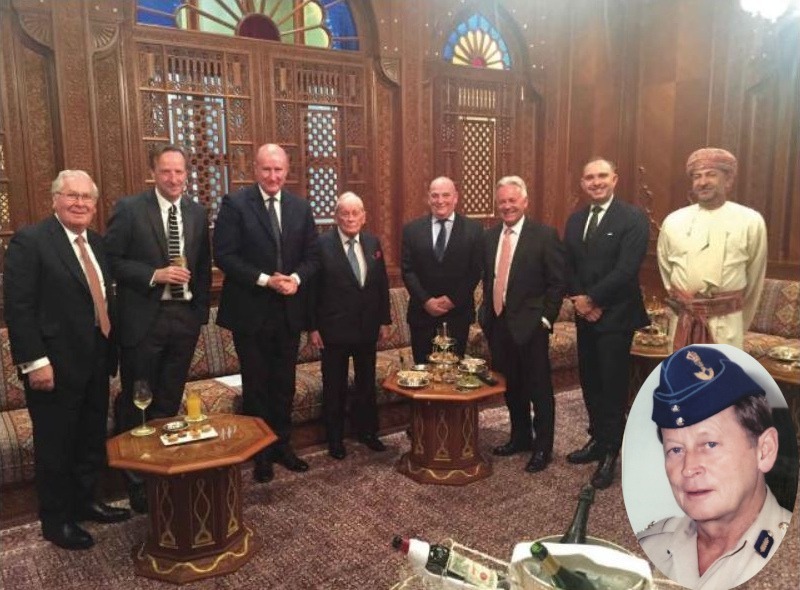 The Sultan’s Privy Council, from left: Mervyn King, MI6’s Alex Younger, Christopher Geidt, Erik Bennett (also inset), MOD chief Stuart Peach, Alan Duncan, Mark Sedwill and an unidentified Omani.