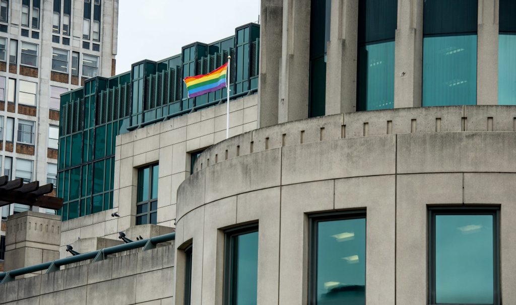 A rainbow flag flies from MI6’s headquarters. (Photo: Chris Ratcliffe / Getty)