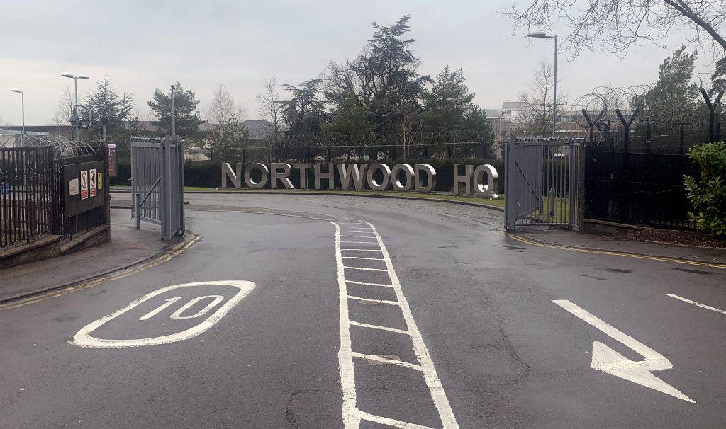 Entrance to Northwood Headquarters in northwest London, the location of Nato’s Maritime Command. (Photo: Matt Kennard / DCUK)