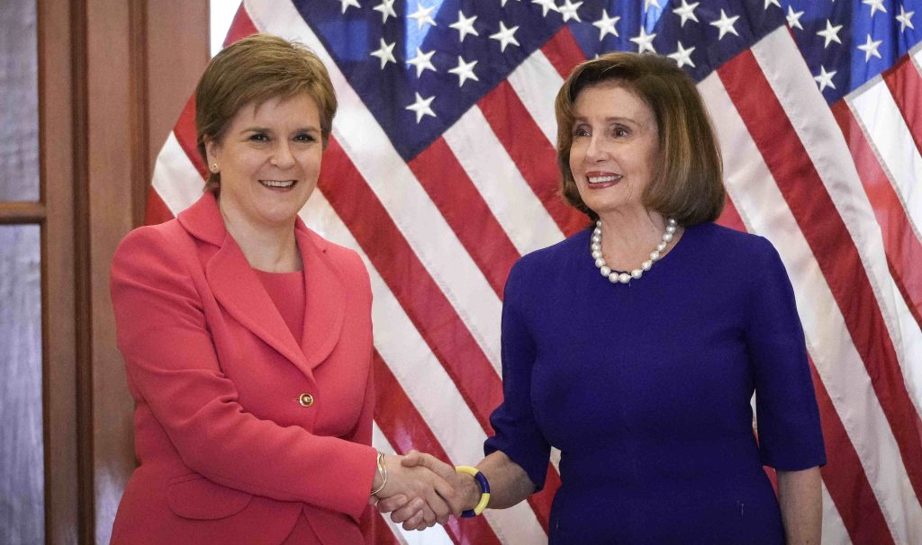 Scotland’s first minister Nicola Sturgeon met House Speaker Nancy Pelosi at the US Capitol in May. (Photo: Drew Angerer / Getty)