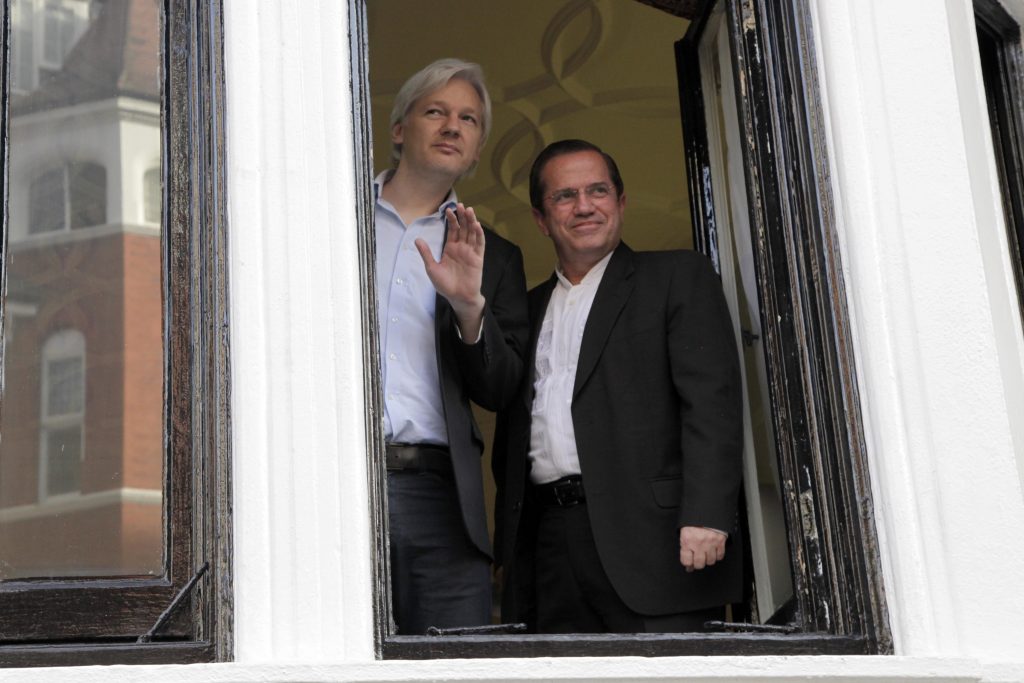 Then Ecuadorian Foreign Minister Ricardo Patiño with Julian Assange at the embassy in London, 16 June 2013. Photo: Xavier Granja Cedeño/Foreign Ministry of Ecuador