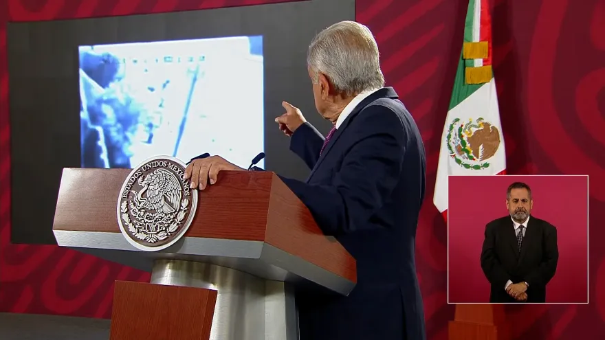 Mexican President Andrés Manuel López Obrador showing the Collateral Murder video during a press conference. File photo.