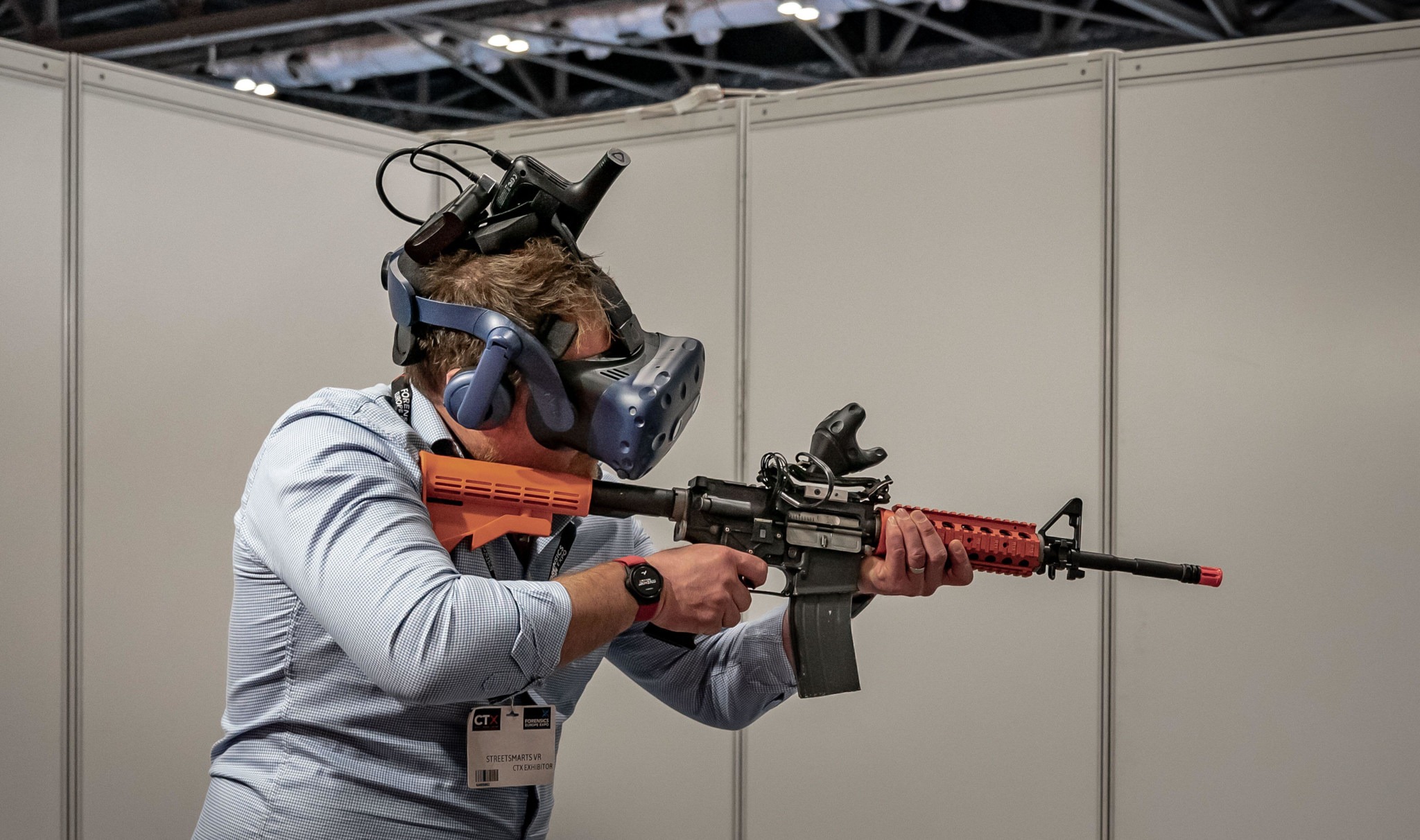 2R2A16F London, UK. 18th May 2023. Virtual reality armed training technology is demonstrated by Street Smarts VR at Counter Terror and Forensics Europe Expo (CTX), Excel Centre. Security professionals from industry, government and policing exhibit and demonstrate latest technology to improve security and aid in the fight against international terrorism. Credit: Guy Corbishley/Alamy Live News