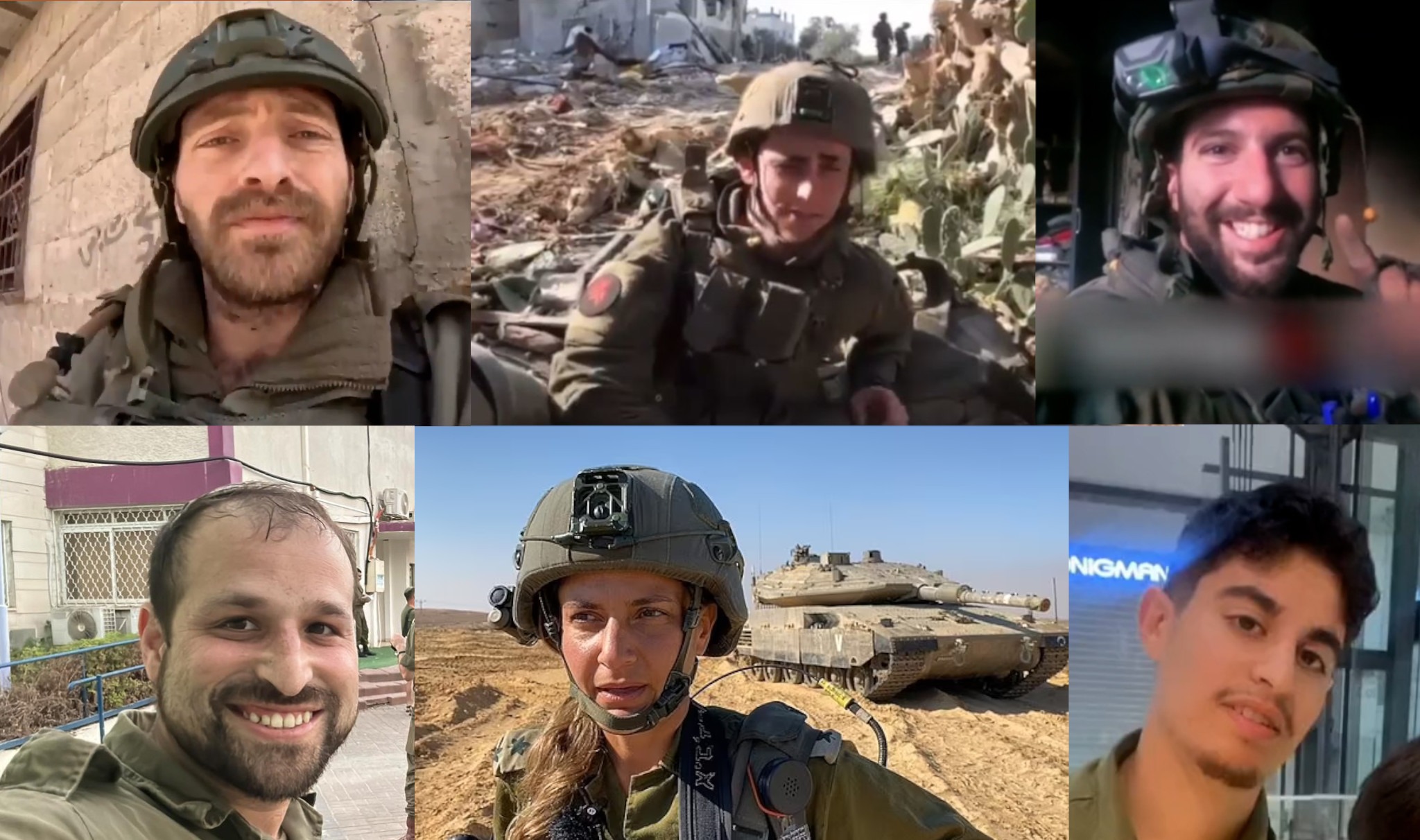 IDF soldiers from the UK, clockwise from top left: Sam Sank, Oren Anish, Levi Simon, Daniel Menczer, ‘Tamara’ and Zecharia Deutsch.