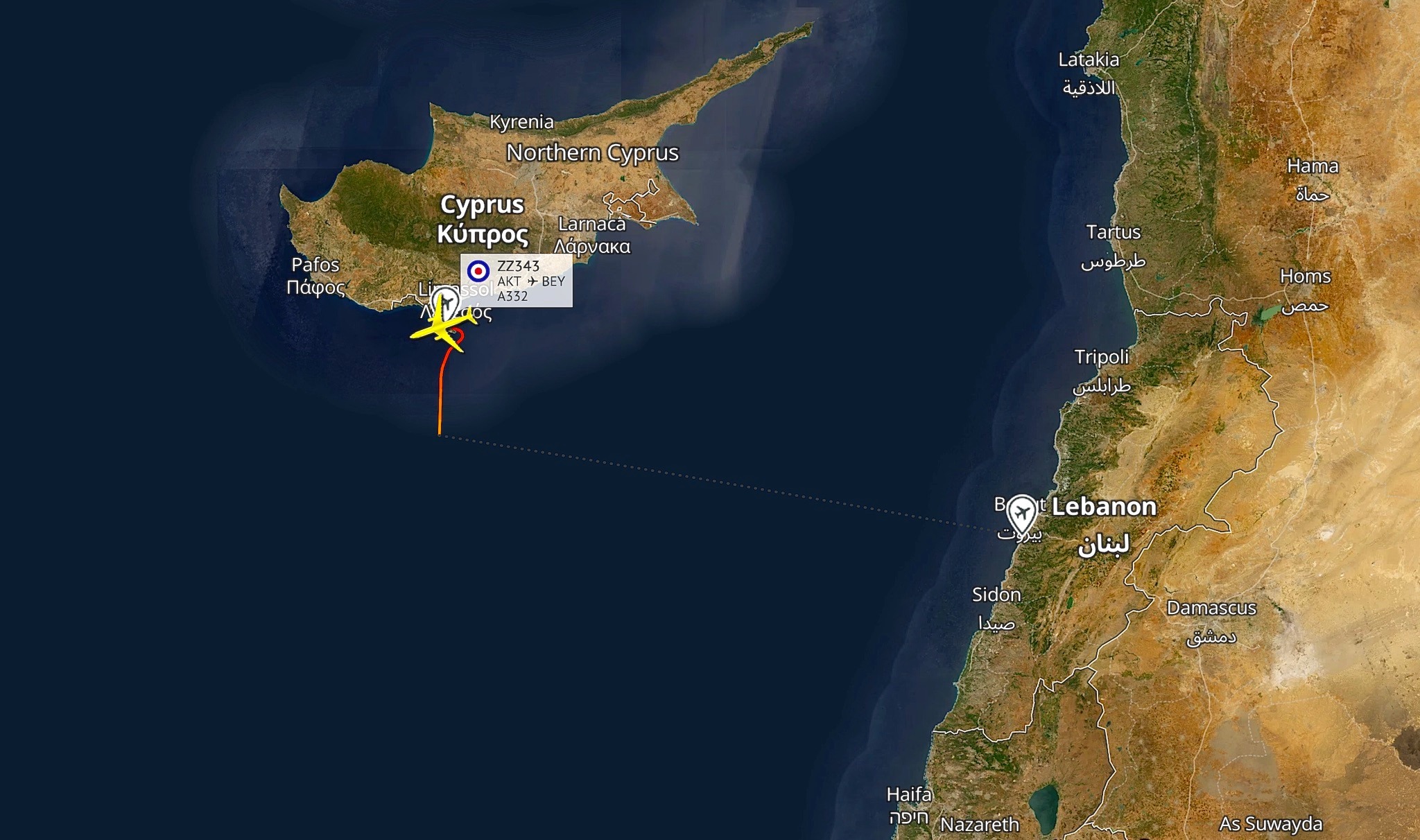 Flight path of a RAF-operated Voyager aircraft which flew from Cyprus to Lebanon on June 11. (Screengrab: RadarBox)
